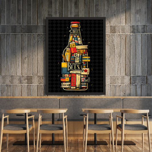 Beer Bottle Wall Art | Framed Beer Pub Artwork | Vintage Beer Bottle Décor | Bar & Man Cave Wall Décor