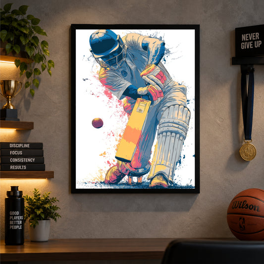 Modern Cricket Wicketkeeper Wall Art | Sports Artwork with Bat & Ball | Black Framed Print