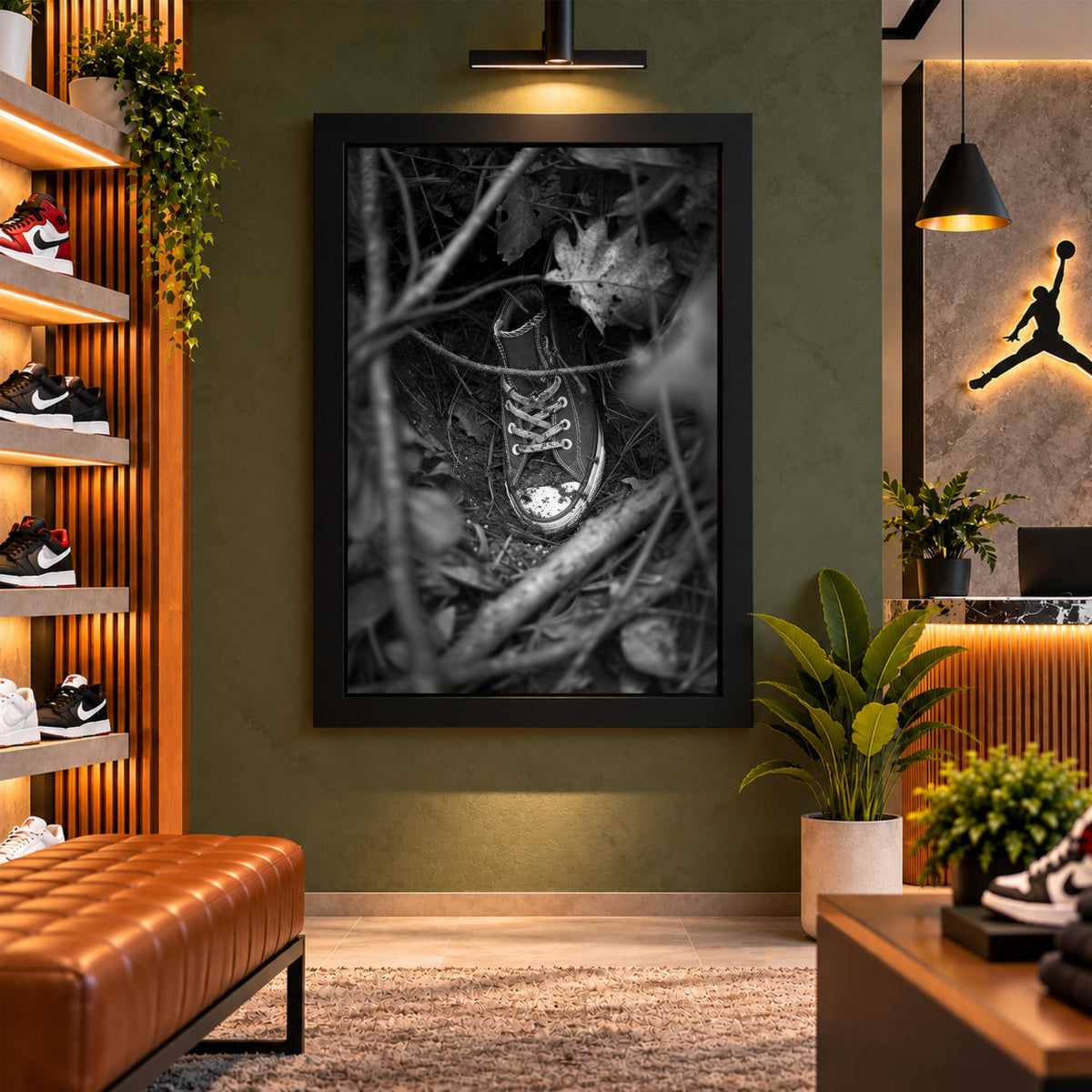Black & White Shoe Wall Art | Vintage Sneaker in Forest Artwork | Monochrome Footwear Photography | Rustic Nature Wall Decor