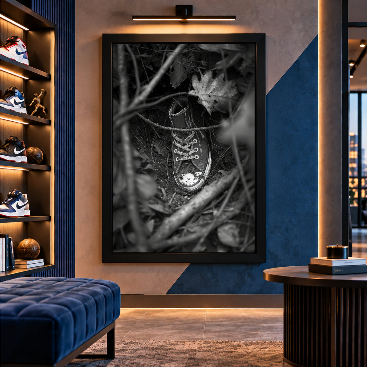 Black & White Shoe Wall Art | Vintage Sneaker in Forest Artwork | Monochrome Footwear Photography | Rustic Nature Wall Decor