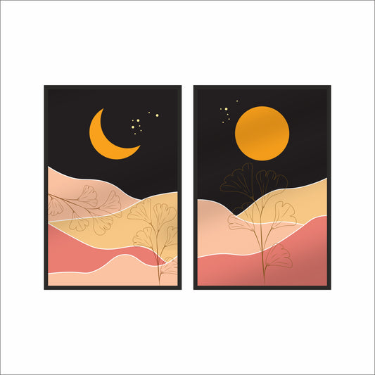 Golden Moonrise Wall Frame Set – Abstract Dual Art for Modern Spaces 🌙