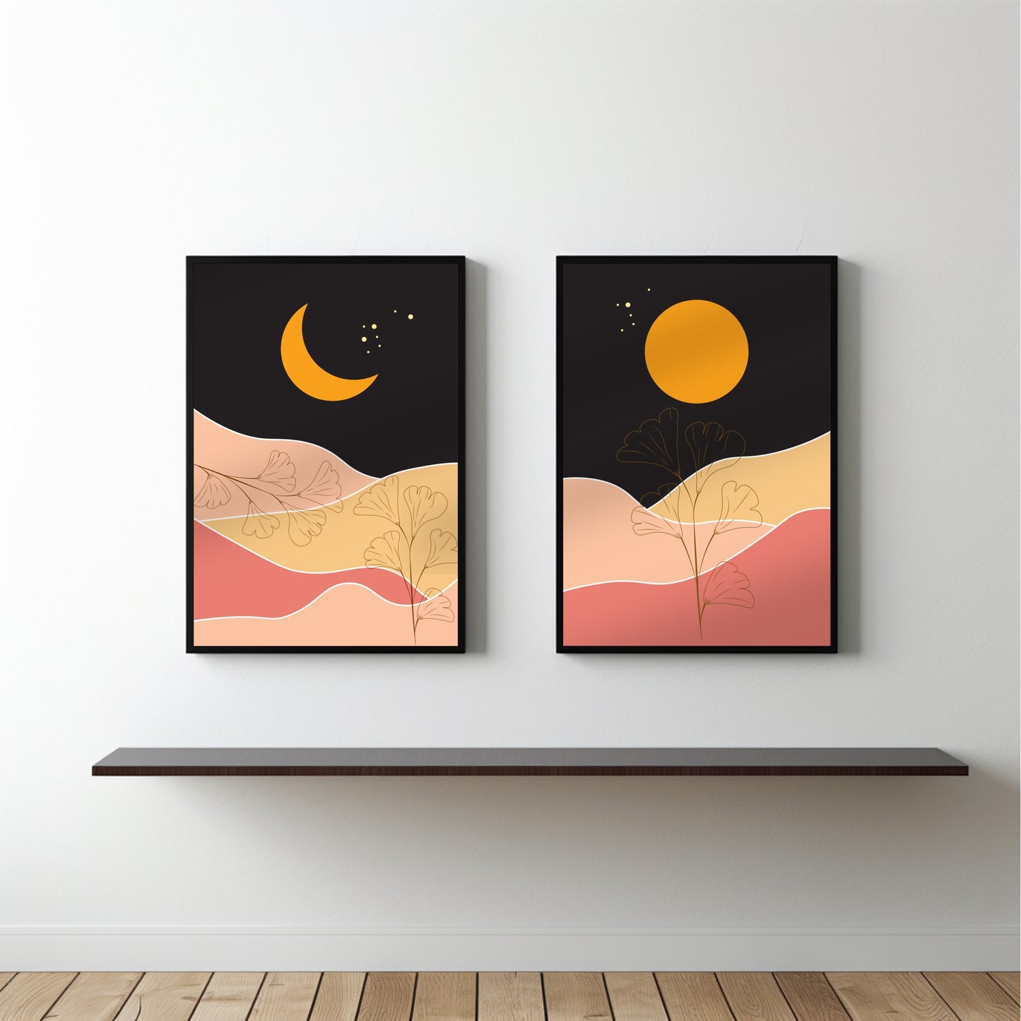 Golden Moonrise Wall Frame Set – Abstract Dual Art for Modern Spaces 🌙