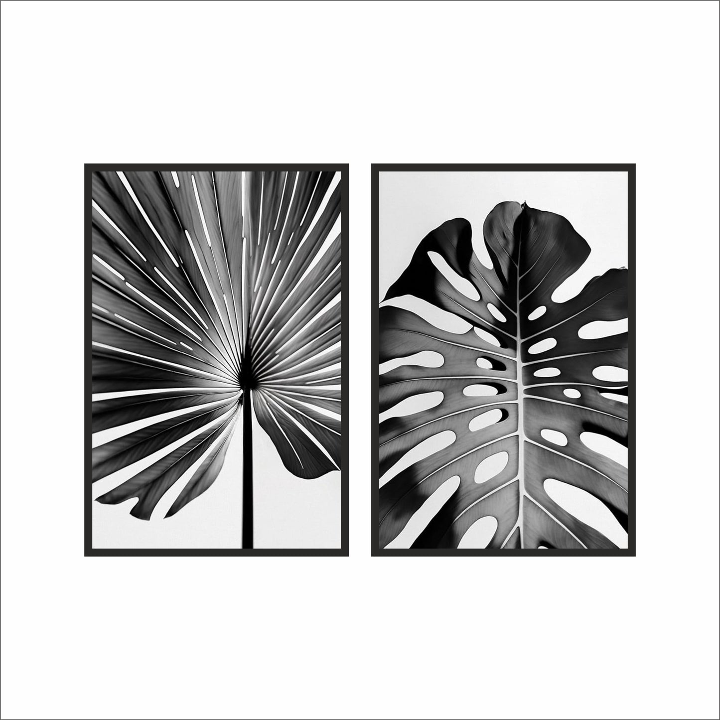 Monochrome Leaf Elegance – Set of 2 Black & White Botanical Wall Frames 🌿
