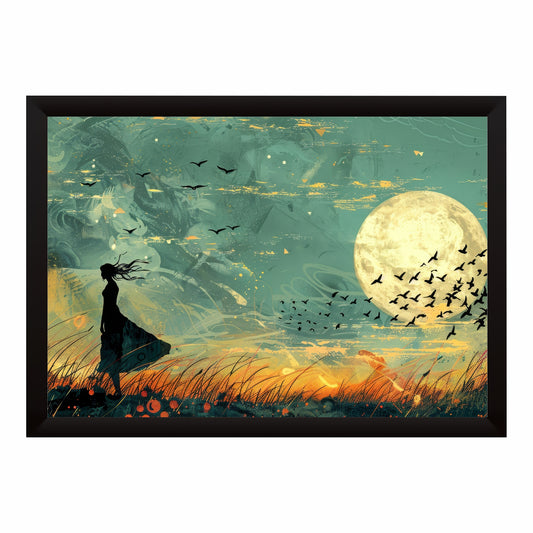 Moonlit Woman Silhouette Wall Art | Boho Abstract Night Landscape