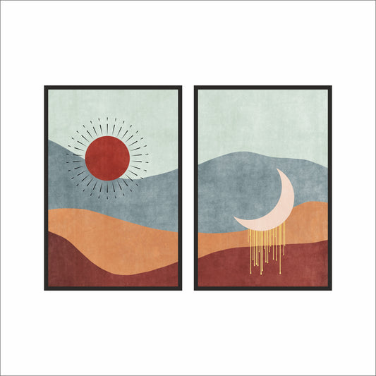 Celestial Desert Wall Frame Set – Abstract Sun & Moon Boho Art 🌞🌙