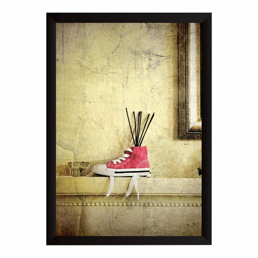 Red Sneaker Wall Art | Creative Shoe & Reed Diffuser Artwork | Vintage Footwear Photography | Retro Home Wall Decor