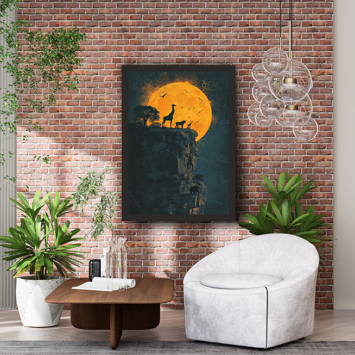 African Wildlife Sunset Wall Art | Giraffe, Elephant & Safari Silhouette Artwork