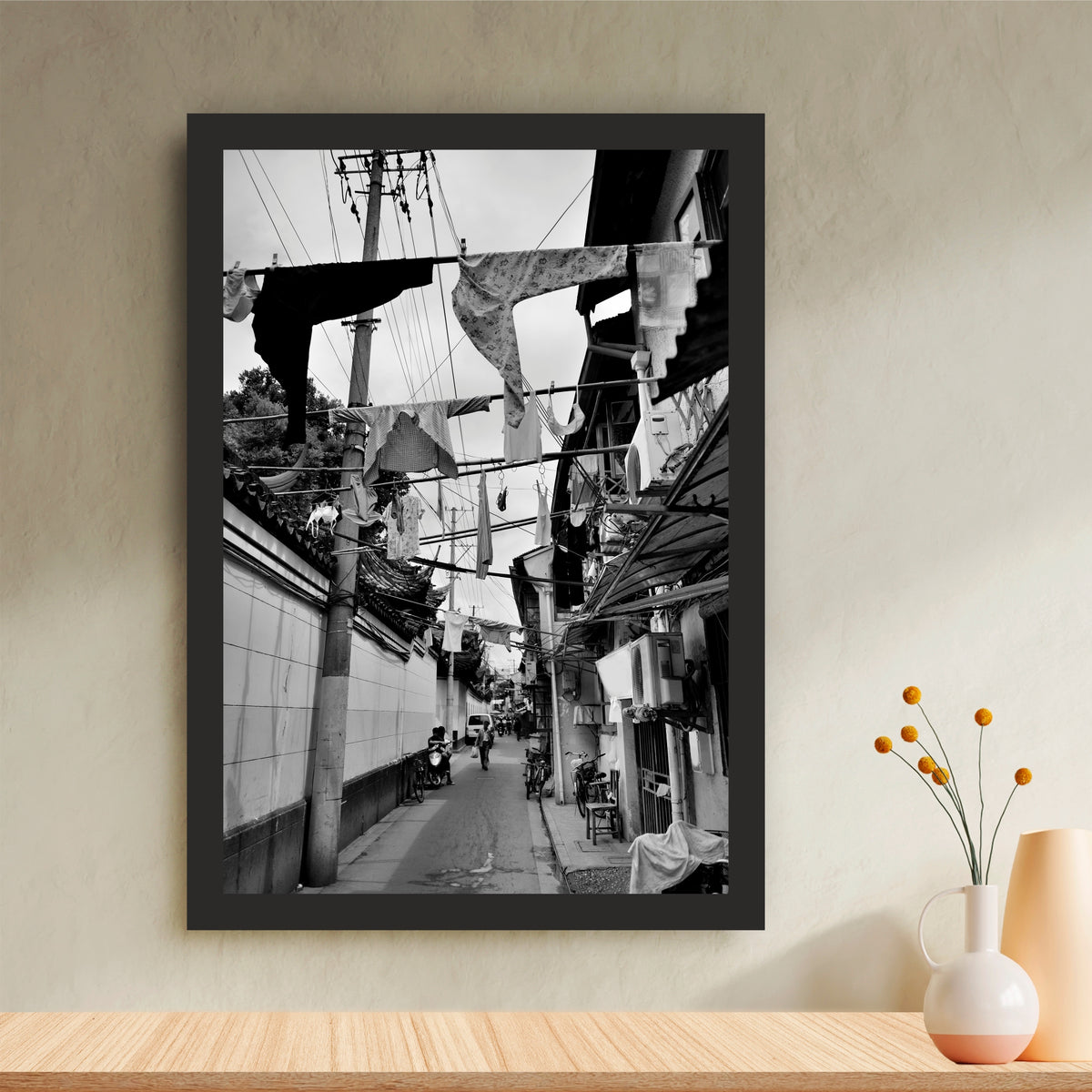 Old Shanghai Street Black & White Wall Art | Vintage Urban Photography Print
