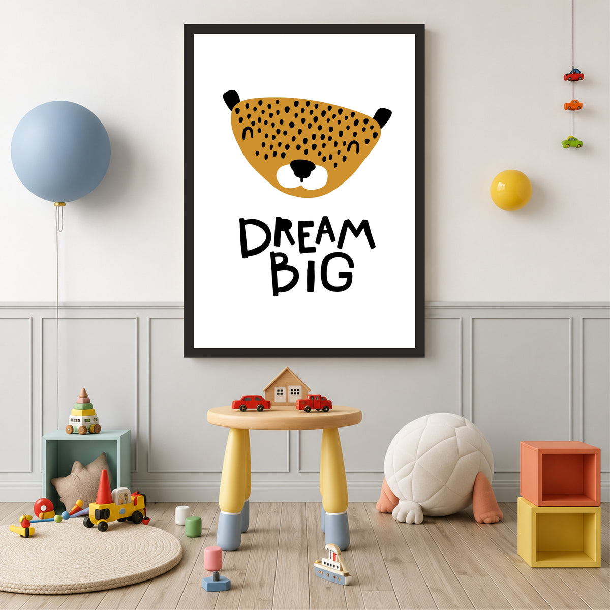 Dream Big Cheetah Nursery Wall Art | Cute Animal Kids Room Poster