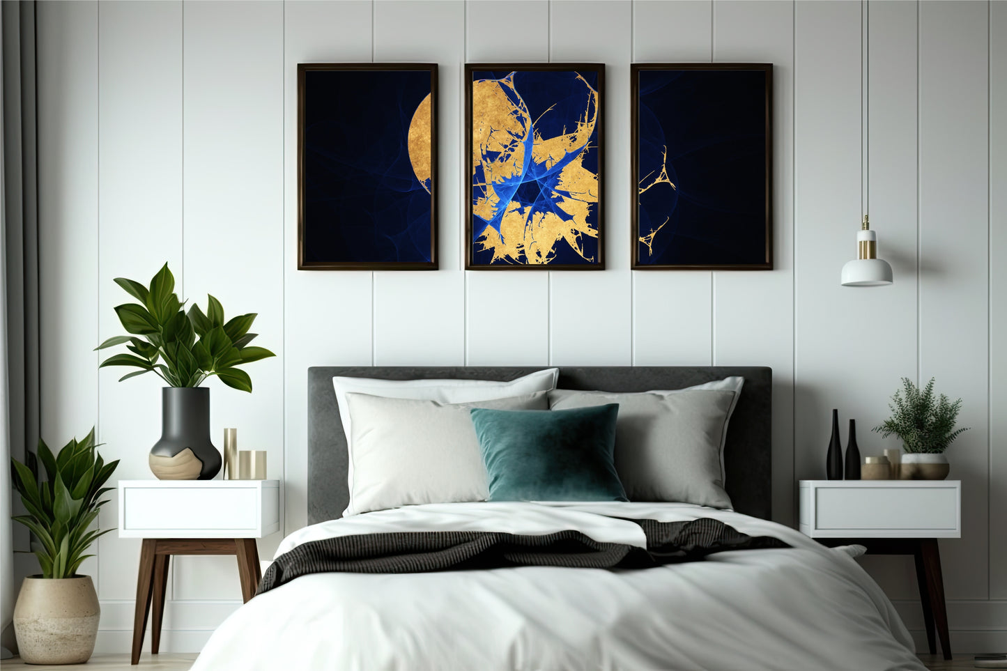 Celestial Glow Wall Frame Set – Abstract Art of Gold & Midnight Blue 🌙