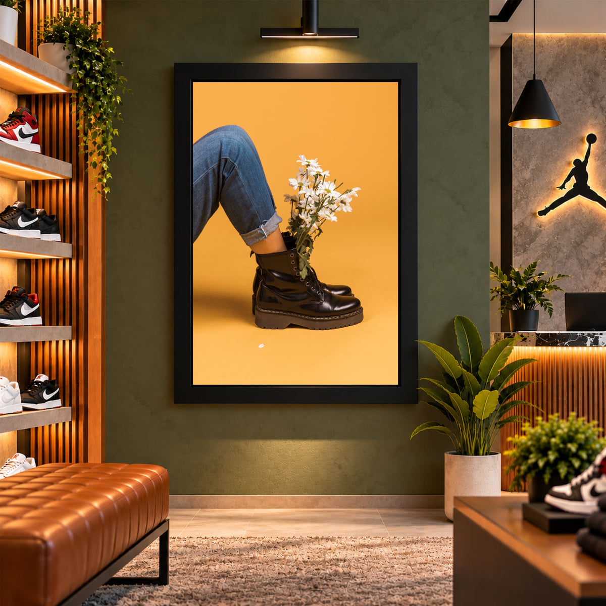 Black Boots Floral Wall Art | Black Combat Boots with White Flowers Artwork | Fashion Photography | Modern Botanical Wall Decor