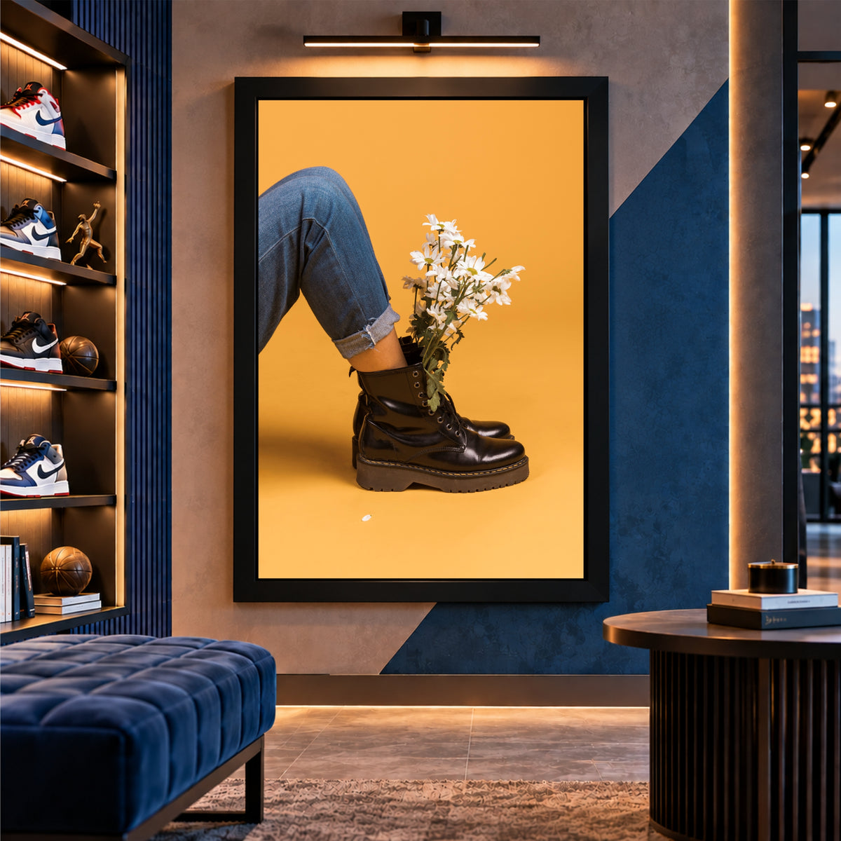 Black Boots Floral Wall Art | Black Combat Boots with White Flowers Artwork | Fashion Photography | Modern Botanical Wall Decor