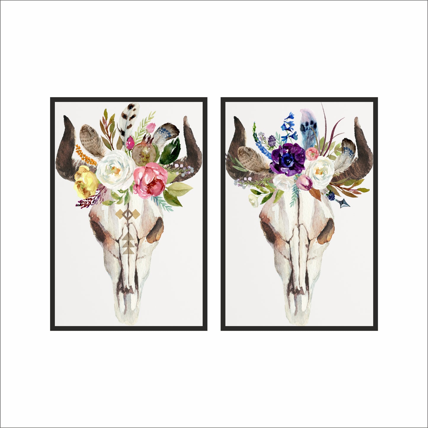 Boho Floral Skull Wall Frame Set – Rustic Charm with Artistic Edge 🌼