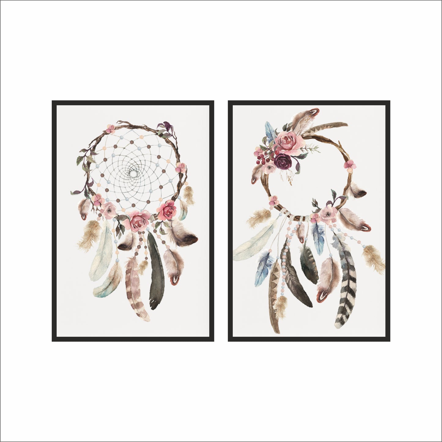 Boho Dreamcatcher Wall Frame Set – Artistic Feather & Floral Design for Peaceful Interiors 🪶