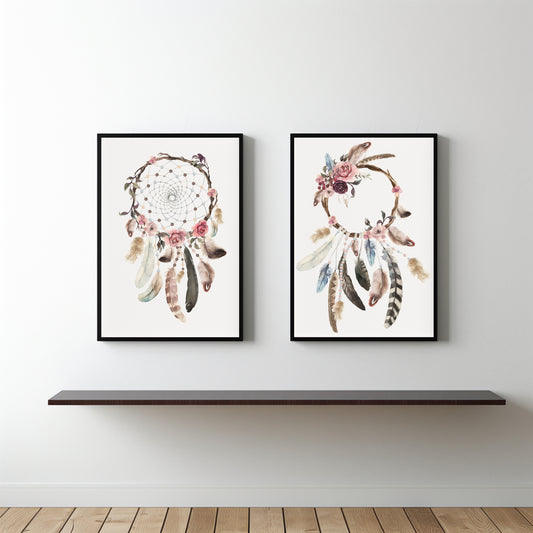 Boho Dreamcatcher Wall Frame Set β Artistic Feather & Floral Design for Peaceful Interiors πͺΆ