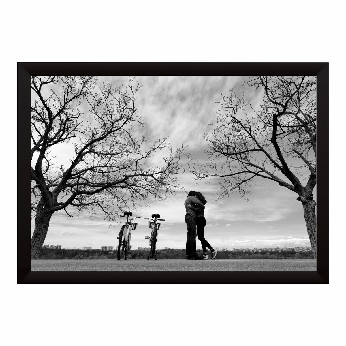 Romantic Couple Hug Wall Art | Black & White Love Photography Canvas Print | Bicycle Couple Wall Decor | Minimalist Romantic Artwork