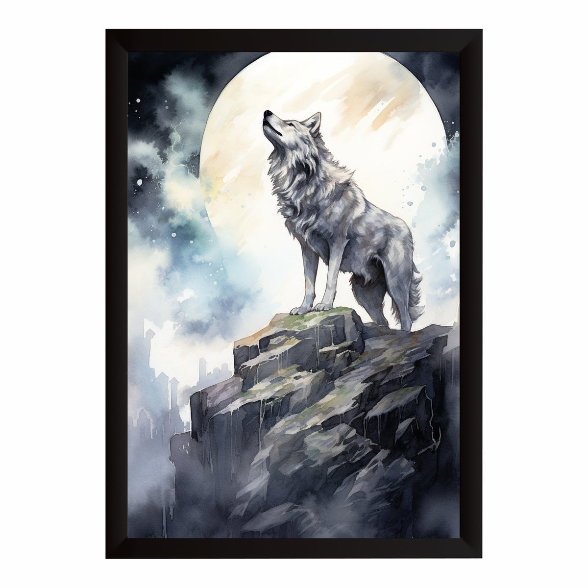 Wolf Wall Art | Moonlit Wolf Mountain Artwork | Framed Wildlife Wall Decor | Nature Animal Art