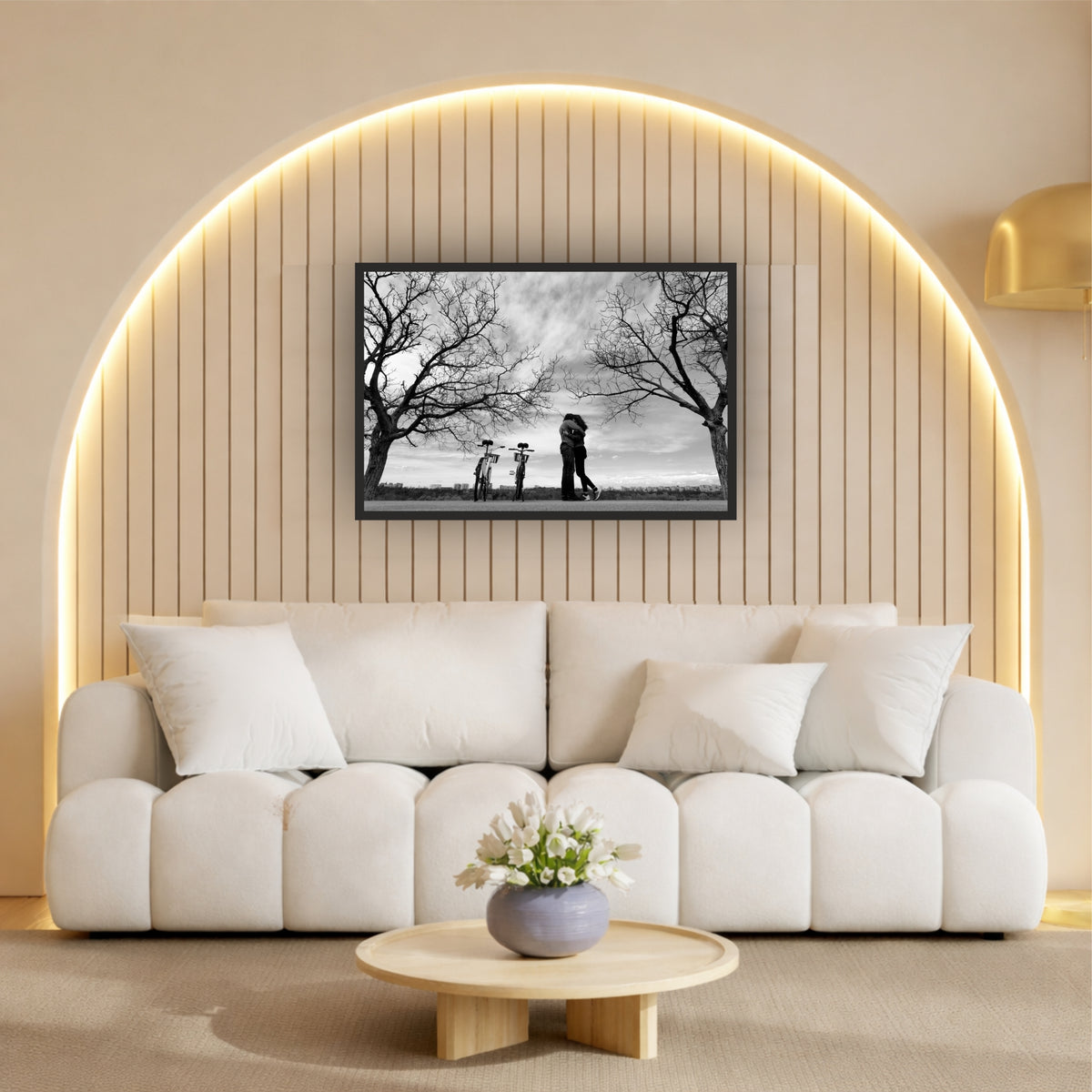 Romantic Couple Hug Wall Art | Black & White Love Photography Canvas Print | Bicycle Couple Wall Decor | Minimalist Romantic Artwork