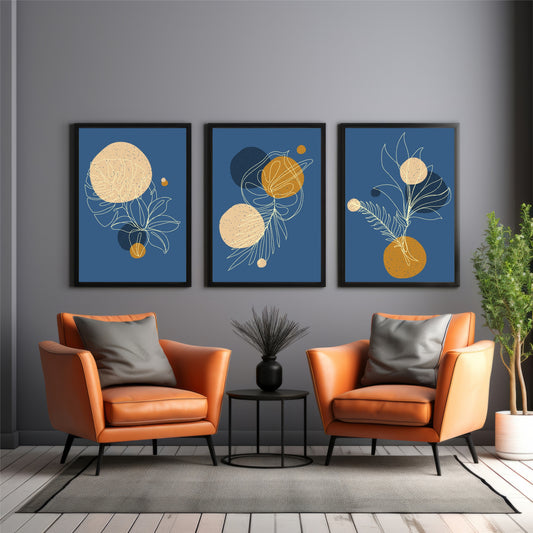 Blue Botanical Abstract Wall Art Set of 3
