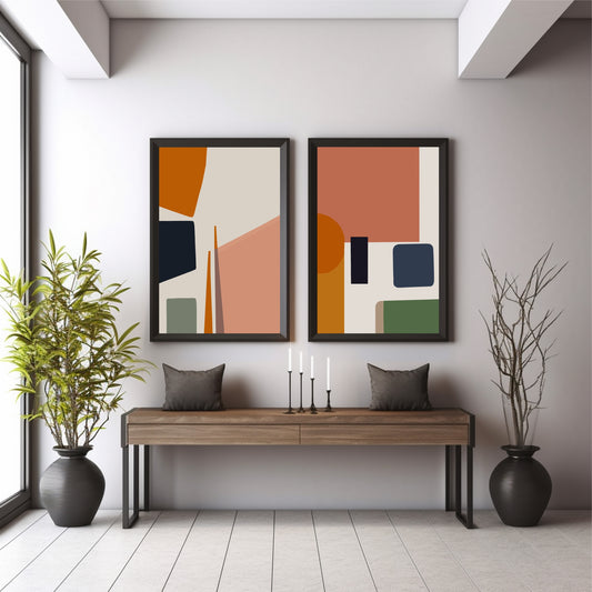 Modern Abstract Wall Art Set | Terracotta Beige & Navy Geometric Decor