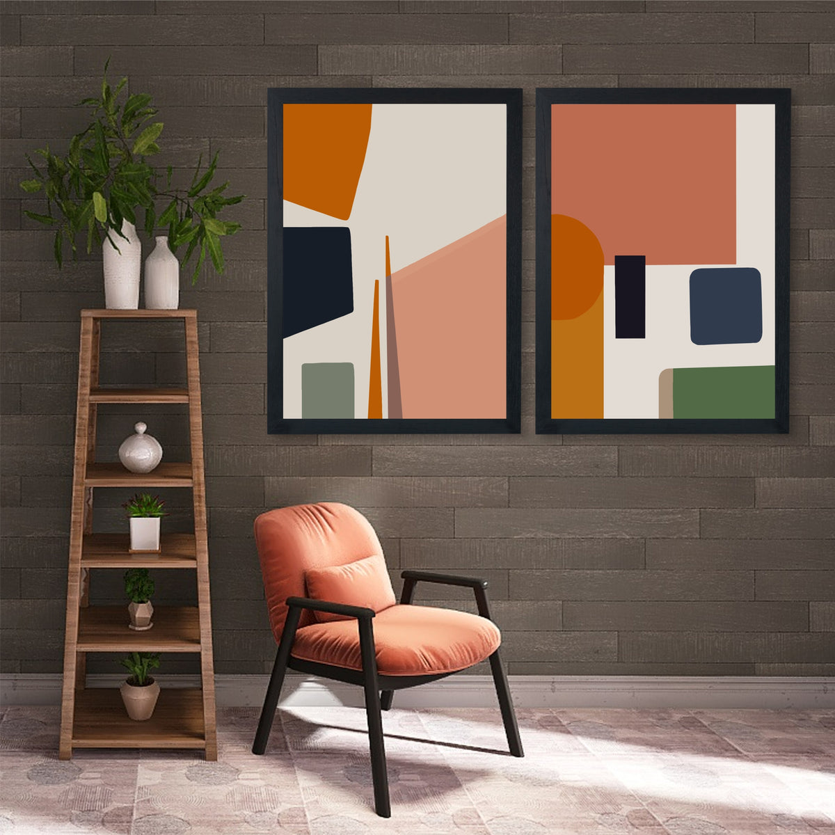 Modern Abstract Wall Art Set | Terracotta Beige & Navy Geometric Decor