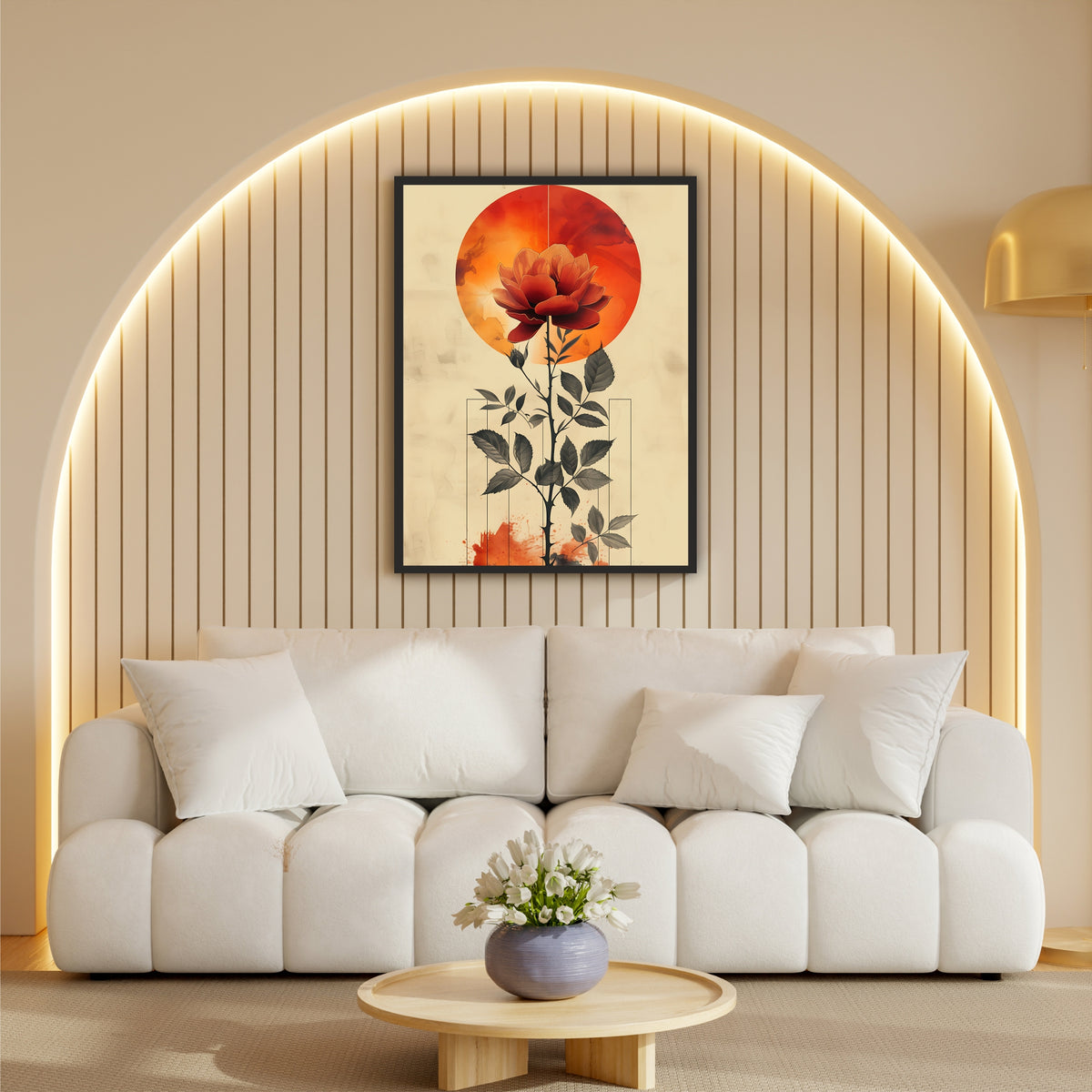 Red Lotus Flower Wall Art | Orange Sunset Floral Botanical Artwork