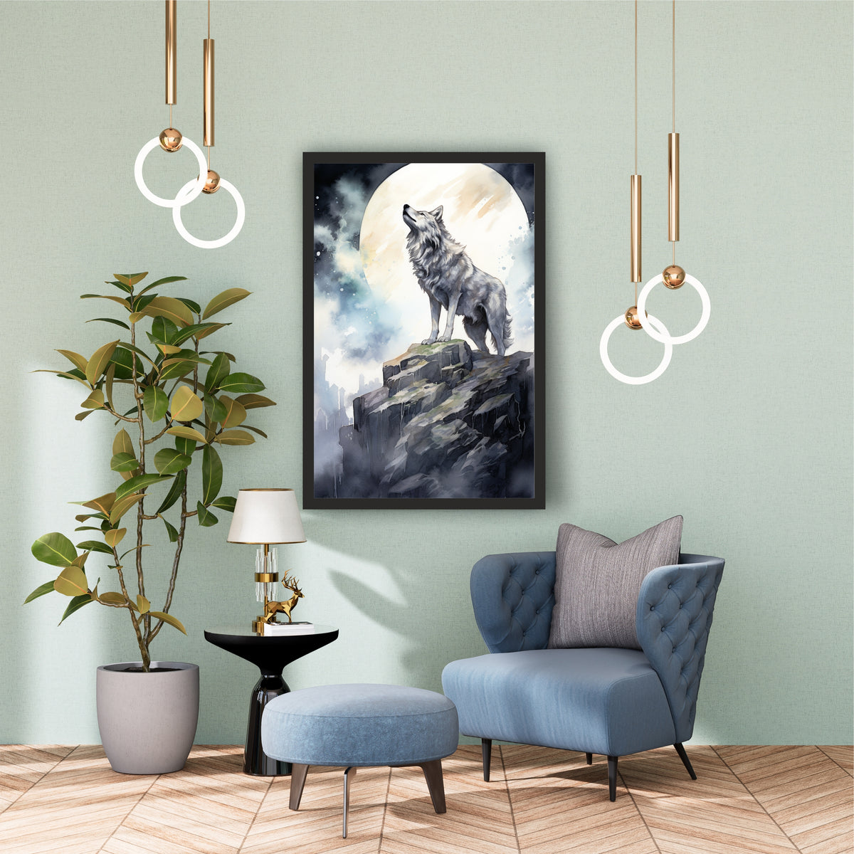 Wolf Wall Art | Moonlit Wolf Mountain Artwork | Framed Wildlife Wall Decor | Nature Animal Art