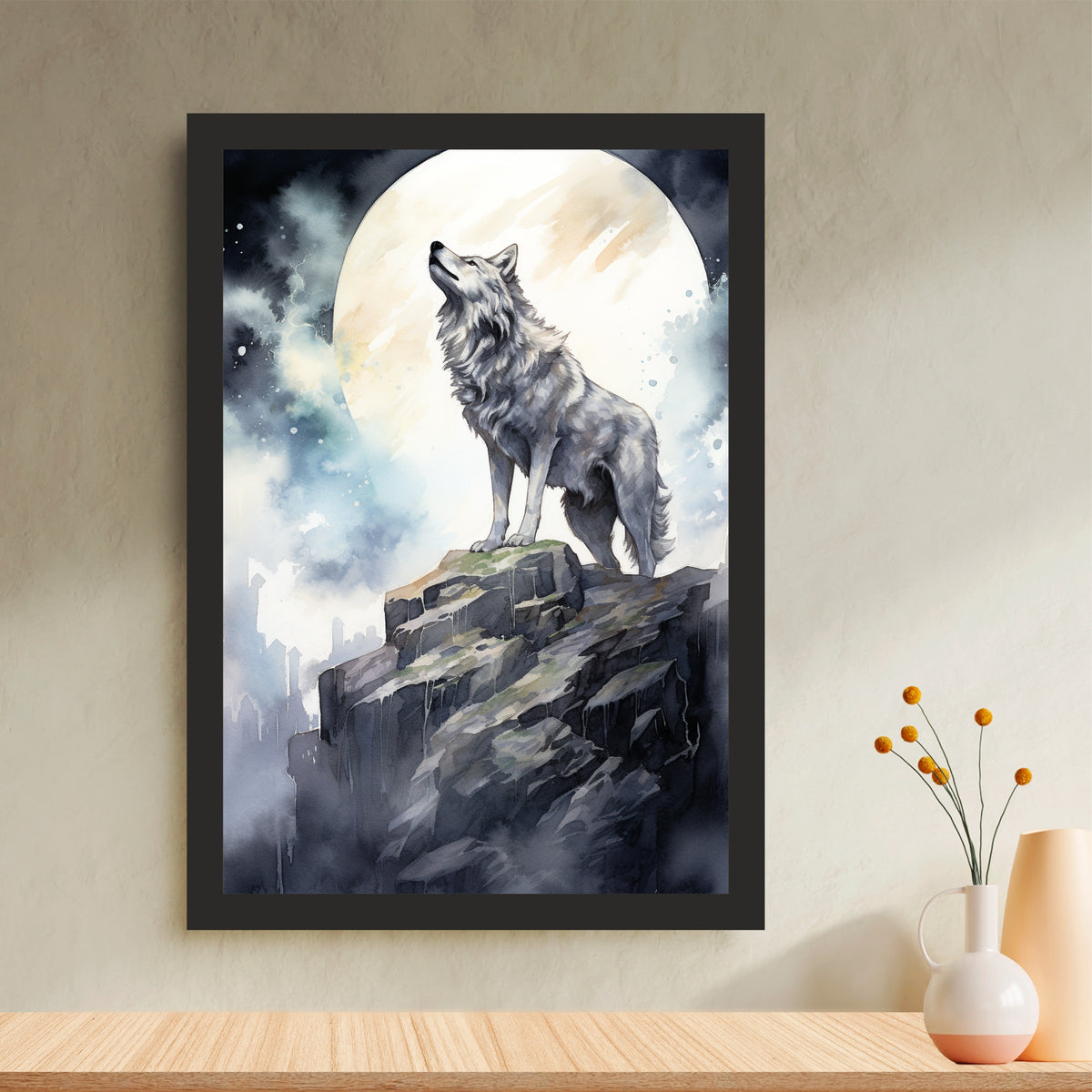 Wolf Wall Art | Moonlit Wolf Mountain Artwork | Framed Wildlife Wall Decor | Nature Animal Art