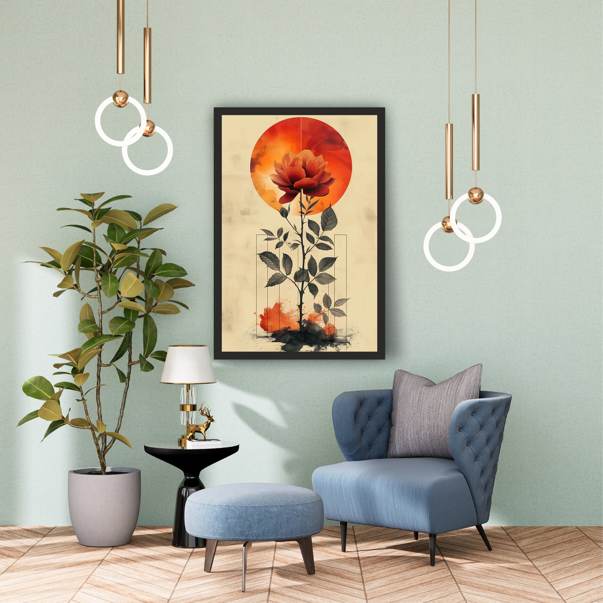 Red Lotus Flower Wall Art | Orange Sunset Floral Botanical Artwork