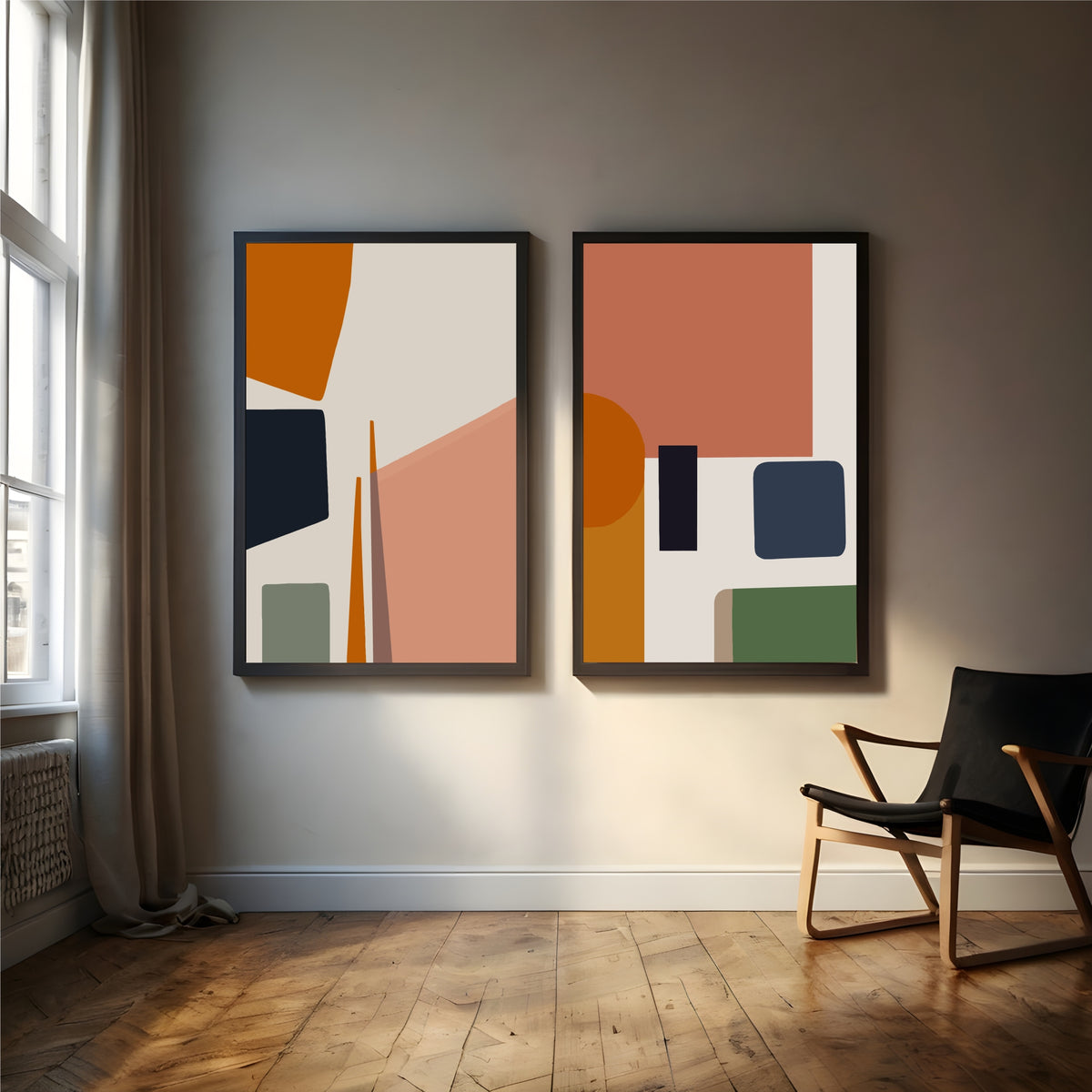 Modern Abstract Wall Art Set | Terracotta Beige & Navy Geometric Decor