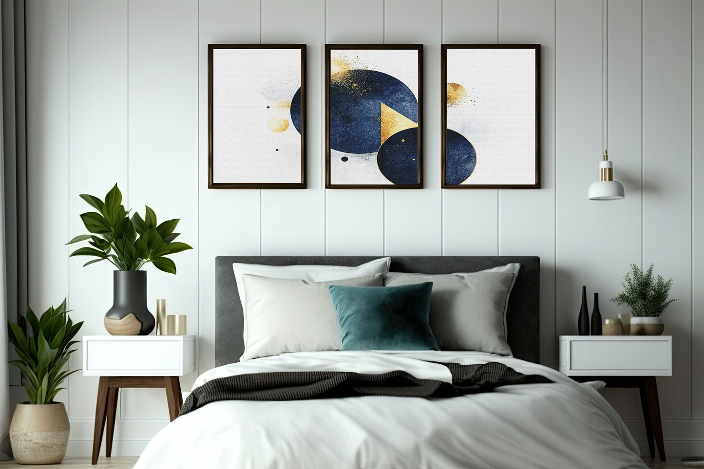Midnight Geometry Wall Frame Set – Blue & Gold Abstract Elegance for Modern Spaces ✨