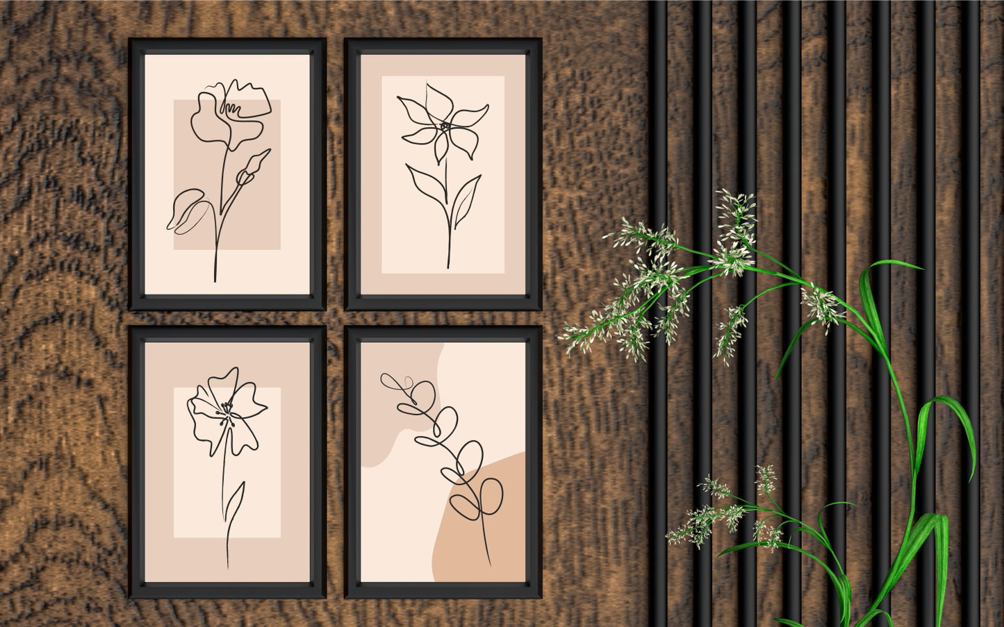 Beige Serenity Floral Wall Frame Set – Minimal Line Art for Modern Homes 🌸