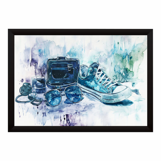 Travel Shoes Wall Art | Blue Sneaker & Suitcase Watercolor Artwork | Travel Photography Art | Adventure Wall Decor