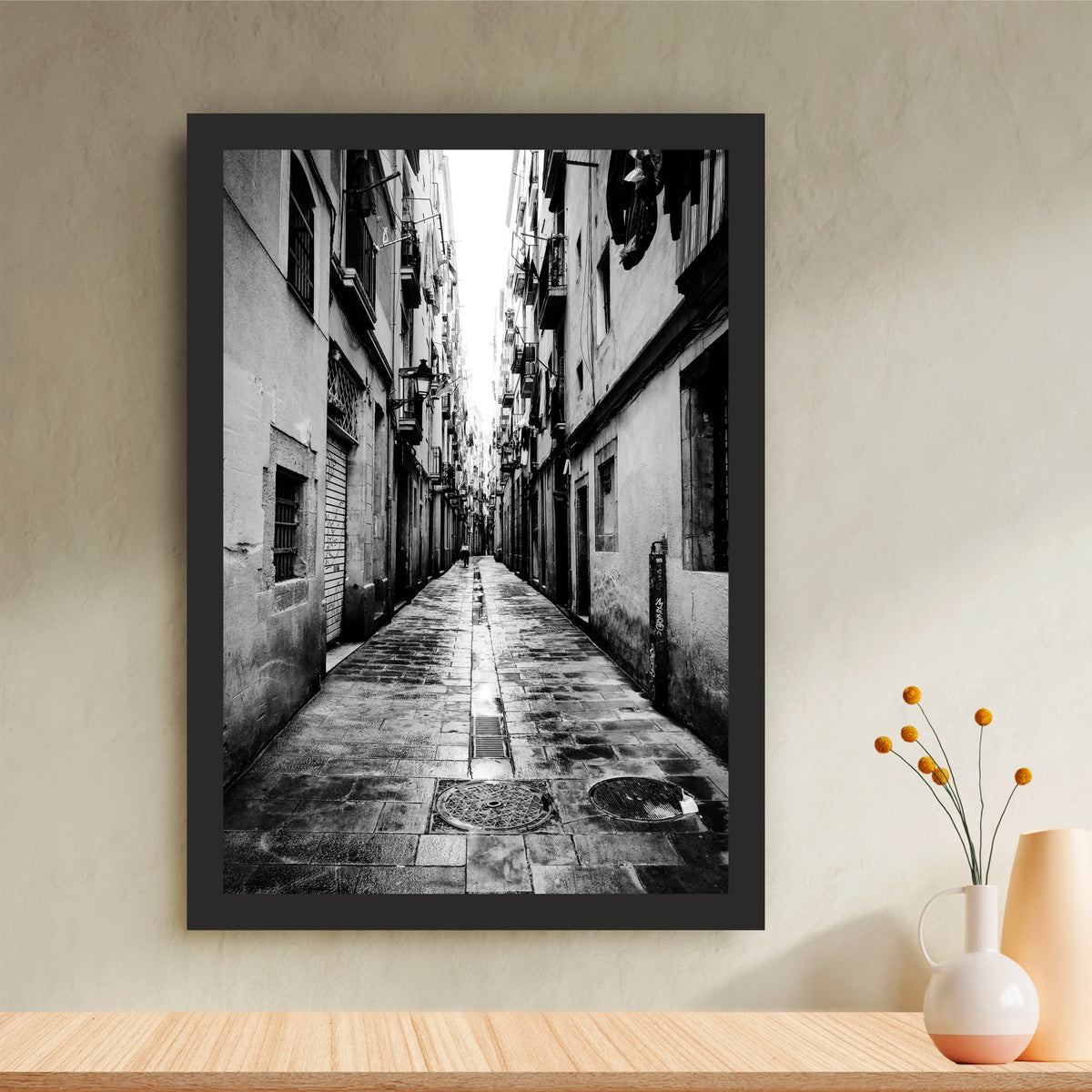 Vintage European Narrow Alley Black & White Wall Art | Urban Street Photography