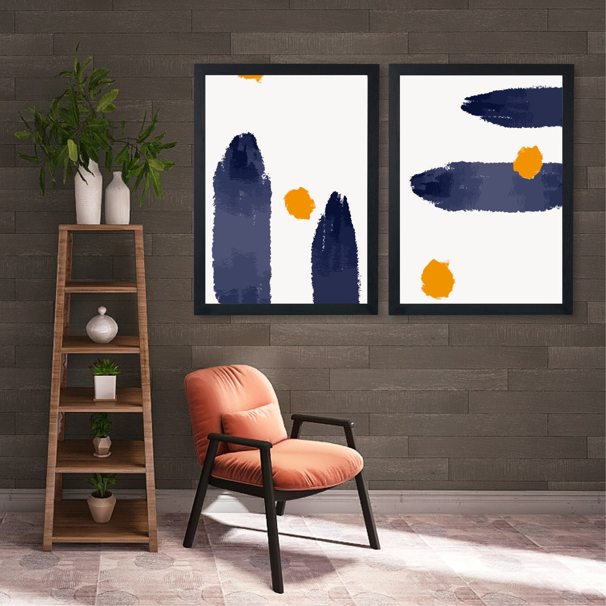 Navy Blue & Orange Abstract Wall Art Set | Modern Minimalist Geometric Prints