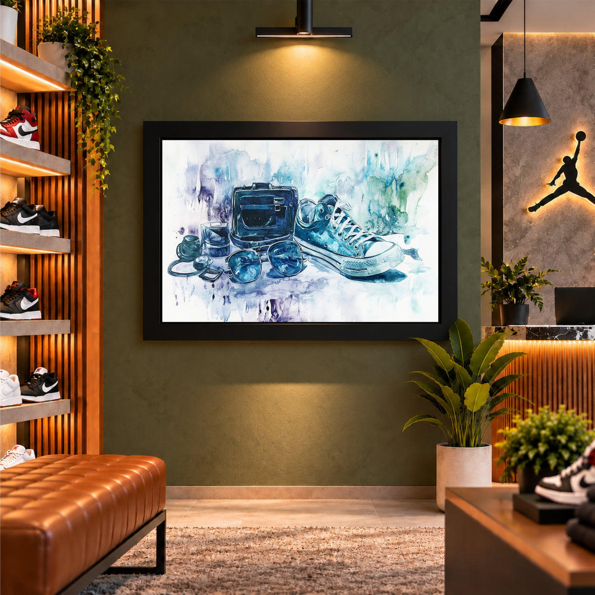 Travel Shoes Wall Art | Blue Sneaker & Suitcase Watercolor Artwork | Travel Photography Art | Adventure Wall Decor