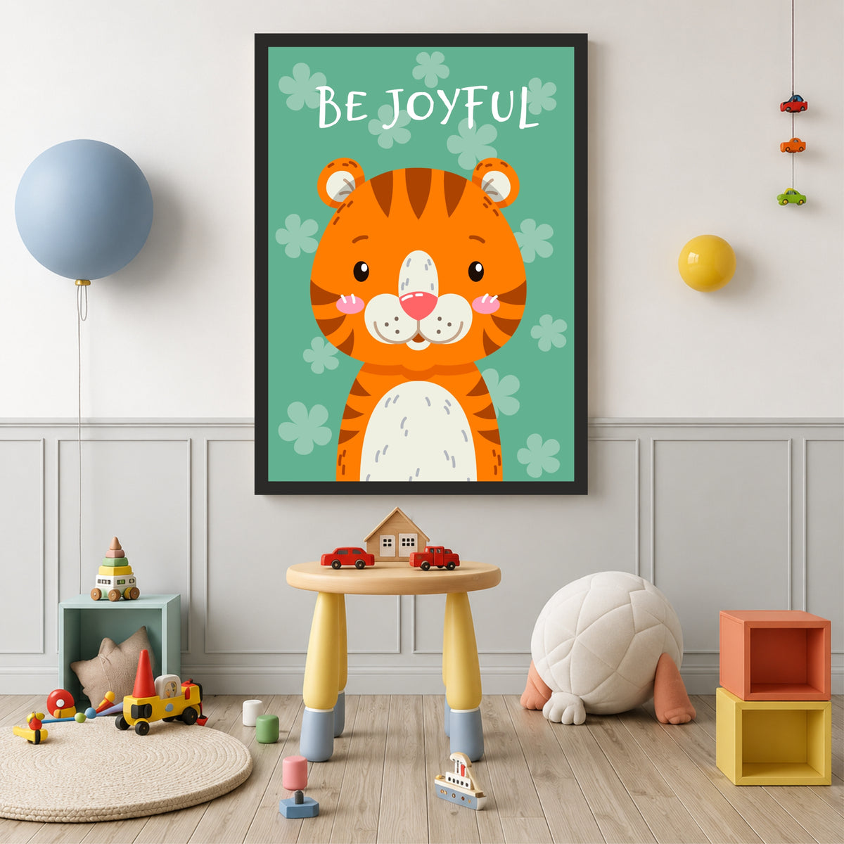 Be Joyful Tiger Nursery Wall Art | Cute Animal Kids Room Poster