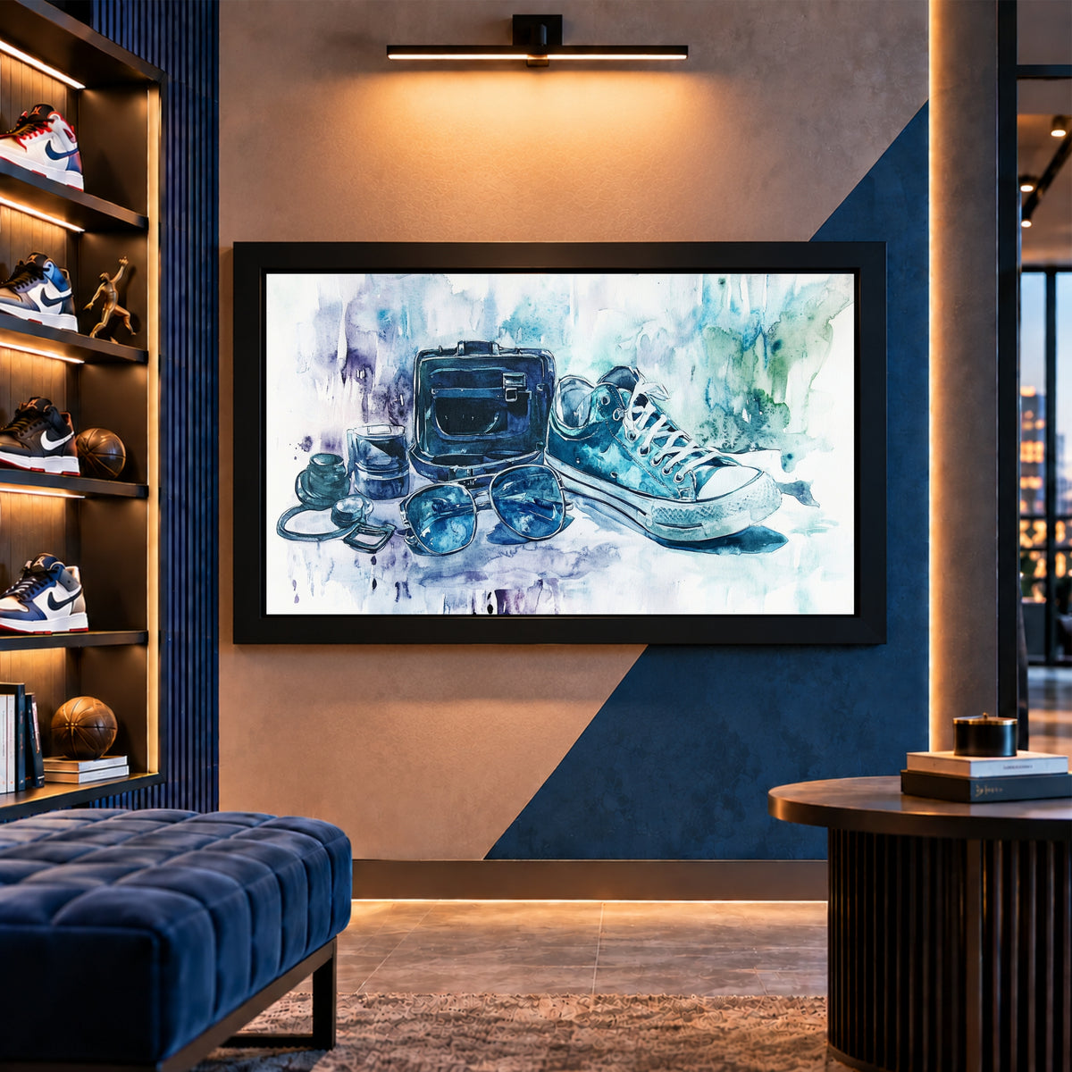 Travel Shoes Wall Art | Blue Sneaker & Suitcase Watercolor Artwork | Travel Photography Art | Adventure Wall Decor