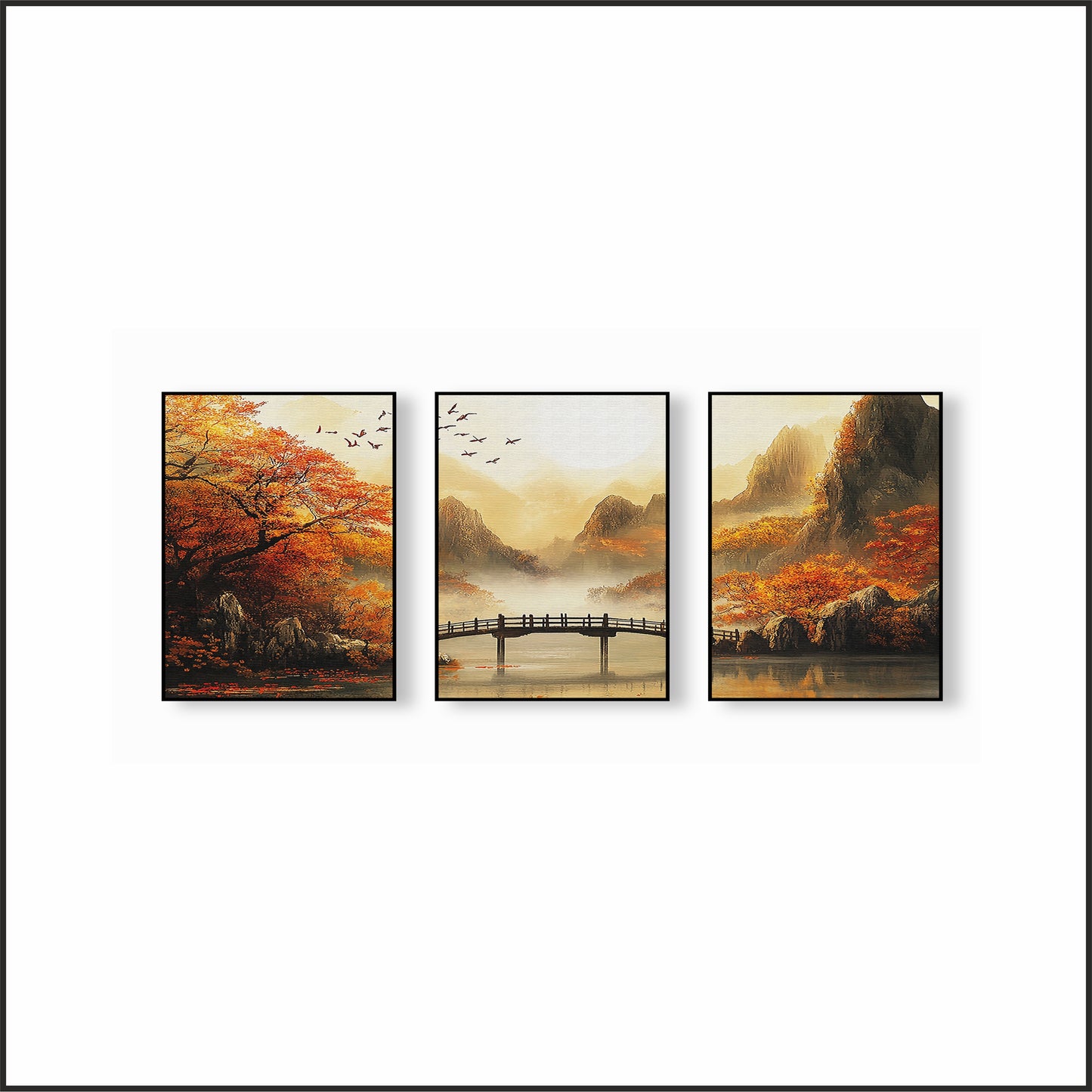 Autumn Harmony Bridge Wall Frame Set – Tranquil Beauty for Timeless Interiors