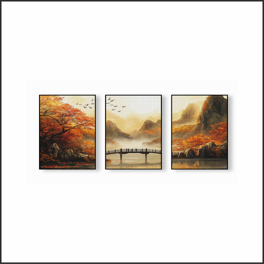 Autumn Harmony Bridge Wall Frame Set – Tranquil Beauty for Timeless Interiors