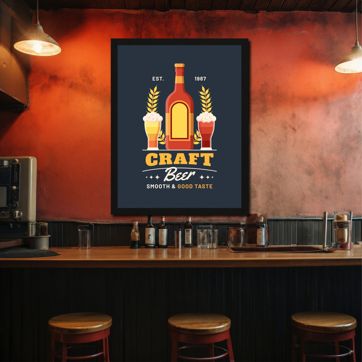 Craft Beer Wall Art | Framed Beer Bottle & Glass Artwork | Vintage Brewery Décor | Pub Bar & Man Cave Wall Décor