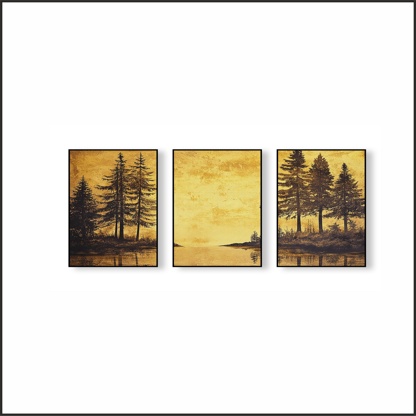 Golden Serenity Forest Wall Frame Set – Nature’s Luxury Art for Modern Interiors
