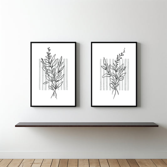 Monochrome Botanical Duo Wall Frame Set – Minimal Line Art for Modern Interiors 🖤🌿