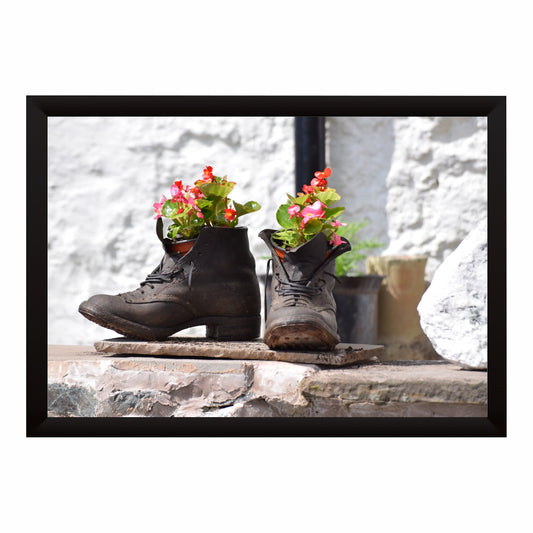 Boots with Flowers Wall Art | Rustic Black Boots Planter Artwork | Floral Footwear Photography | Vintage Garden Wall Decor