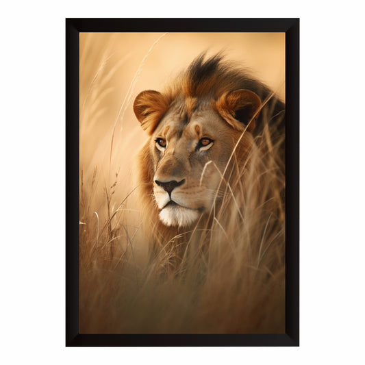 Lion Wall Art | Majestic Lion in Golden Grassland | Framed Wildlife Artwork | Safari Animal Wall Decor