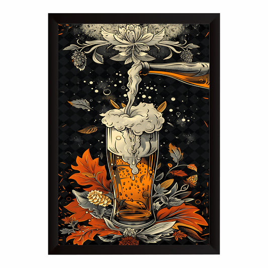 Beer Wall Art | Framed Beer Glass & Hops Artwork | Vintage Brewery Décor | Pub Bar & Man Cave Wall Décor