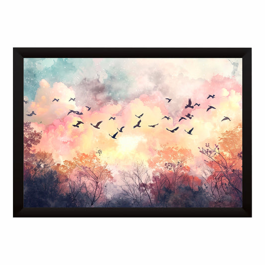 Flying Birds Wall Art | Pastel Sky & Forest Watercolor Landscape