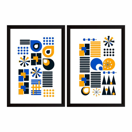 Mid Century Modern Geometric Wall Art Set of 2 | Blue Orange Abstract Prints