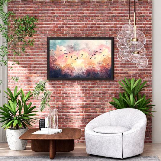 Flying Birds Wall Art | Pastel Sky & Forest Watercolor Landscape
