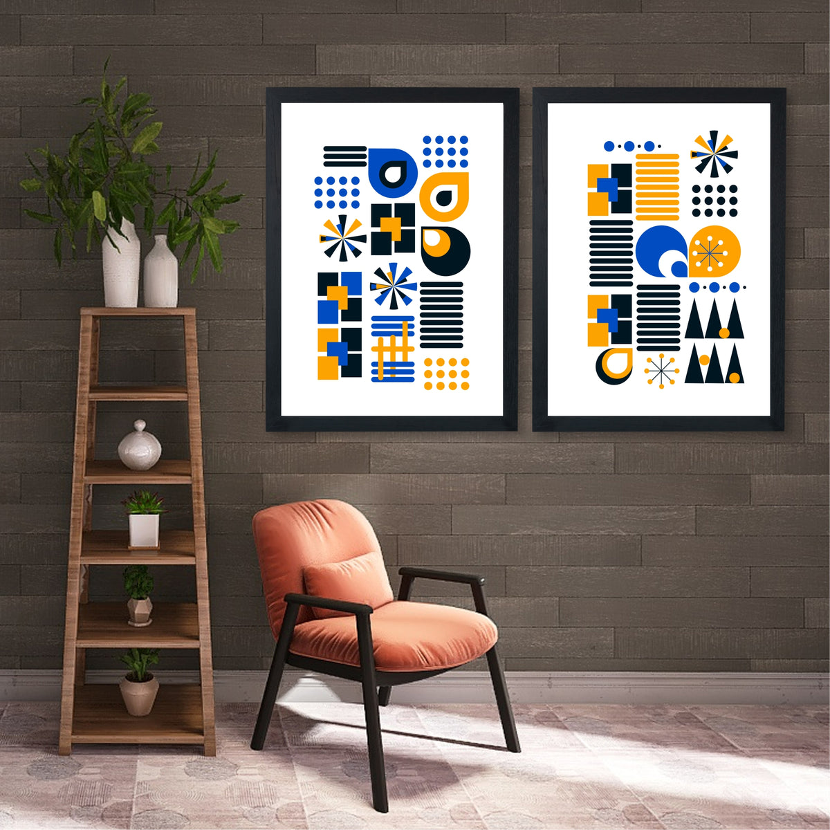 Mid Century Modern Geometric Wall Art Set of 2 | Blue Orange Abstract Prints